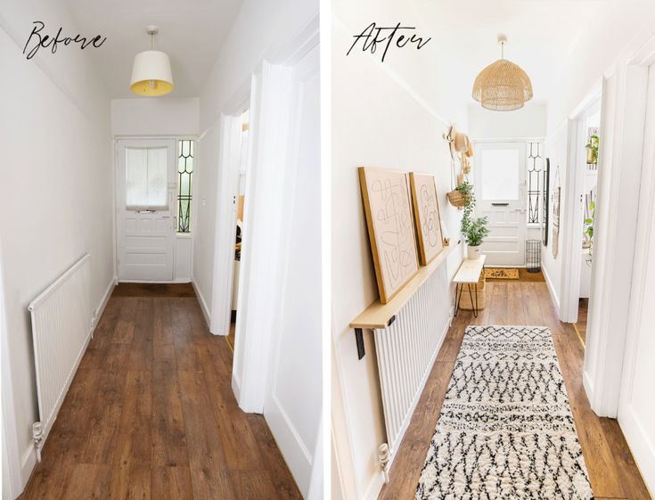 before and after photos of a hallway with white walls, wood flooring and rugs