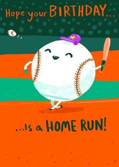 a happy birthday card with a baseball on the field and a bat in its hand