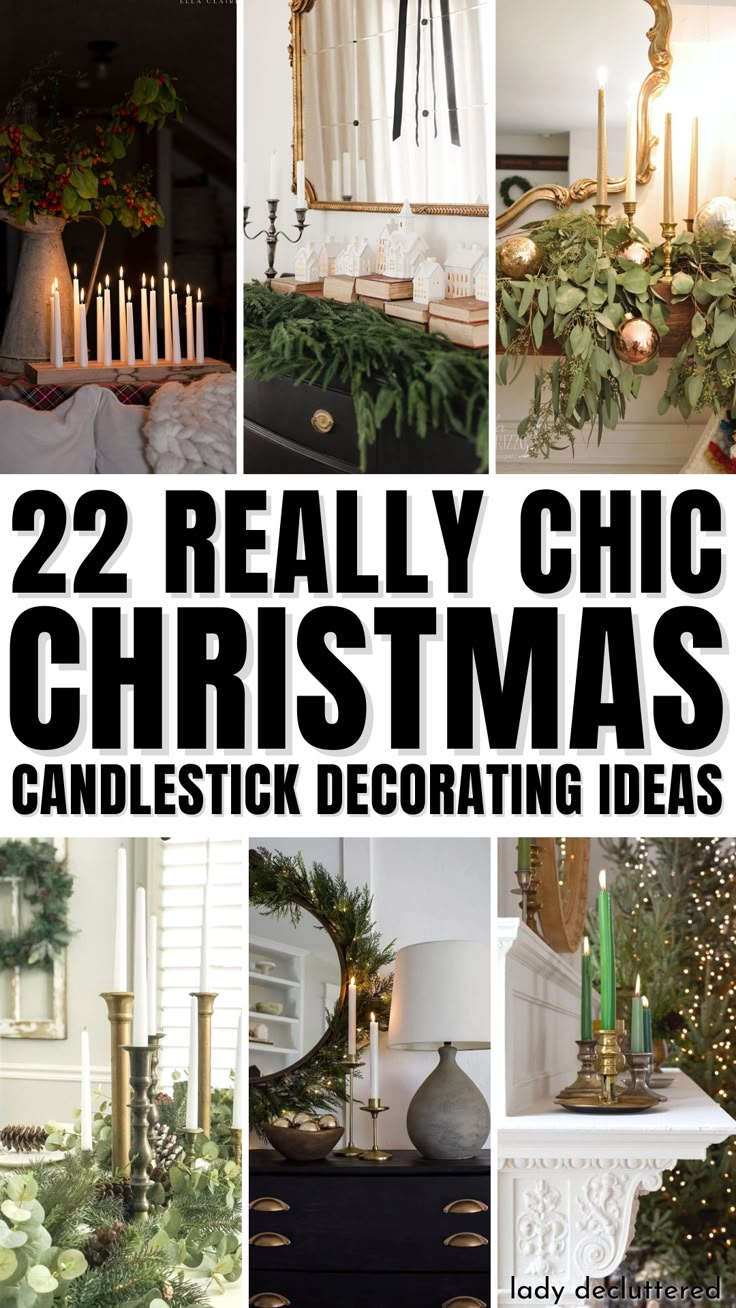 22 Really Chic Christmas Candlestick Decorating Ideas Christmas Centerpieces For Table Rustic, Christmas Decor With Candlesticks, Wooden Candle Holders Rustic Christmas, Large Candle Holders Decor Ideas, Candle Decor Christmas, Dining Table Centerpiece With Candles, Decorate With Candle Holders, Candlestick Decor Ideas Christmas, Candle Stick Christmas Table Decor