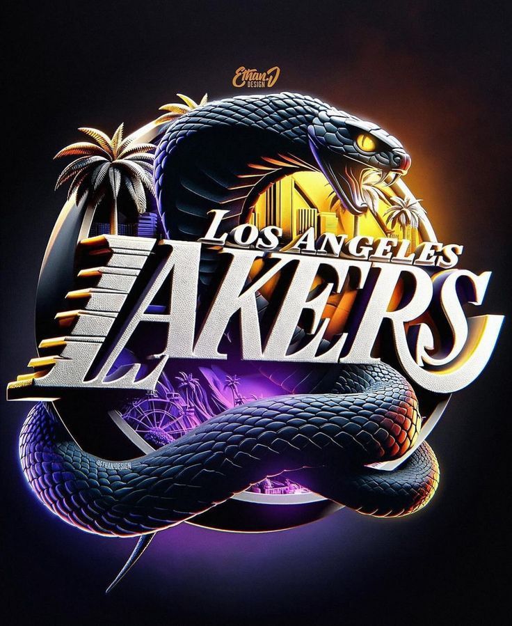 the los angeles lakers logo with a snake on it's head and palm trees in the background