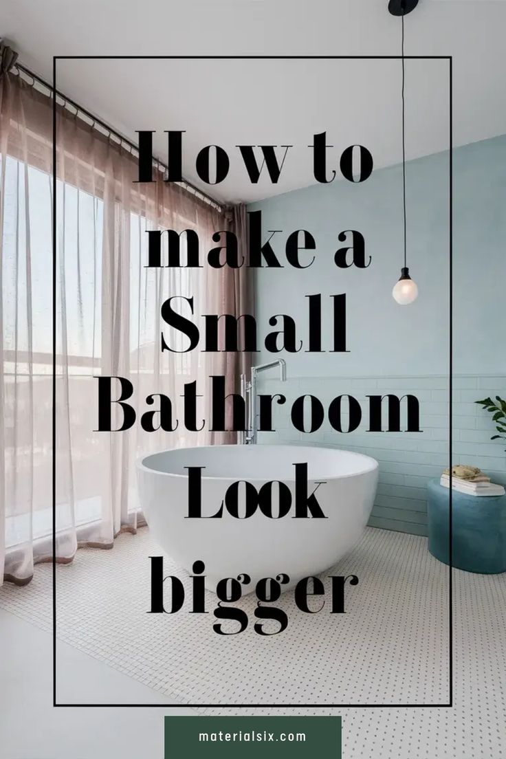 How to make a small bathroom look bigger text over a modern bathroom with a freestanding tub and large window. Make Bathroom Look Bigger, Film Decor, Bathroom Big, Nordic Winter, Bathroom Hacks, Diy Hanging Shelves, Great Bathrooms, Bad Inspiration, Small Bathroom Ideas On A Budget