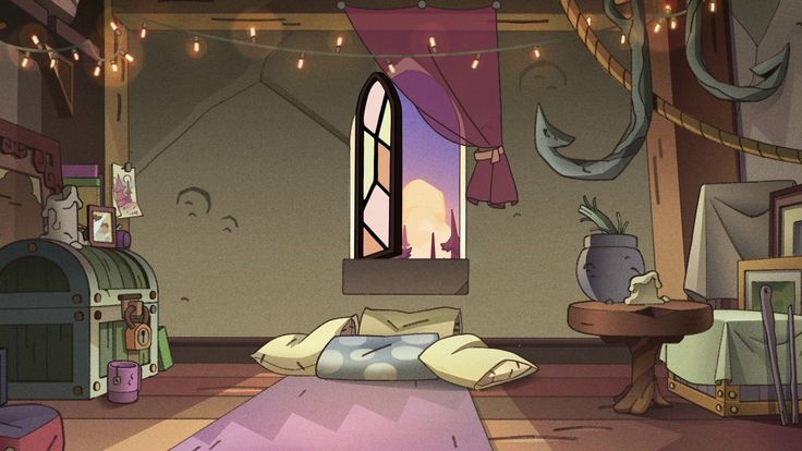 a cartoon bedroom with lots of stuff on the floor and lights hanging from the ceiling