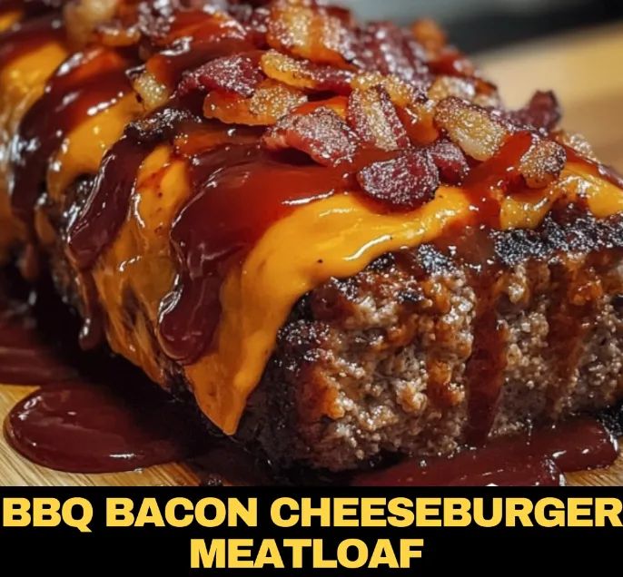 a meatloaf covered in bacon and cheese on a cutting board with the words bbq bacon cheeseburger meatloaf