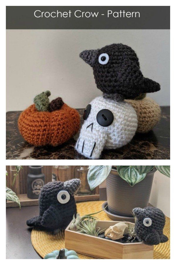 crochet crow and pumpkins are sitting on top of each other in the same pattern