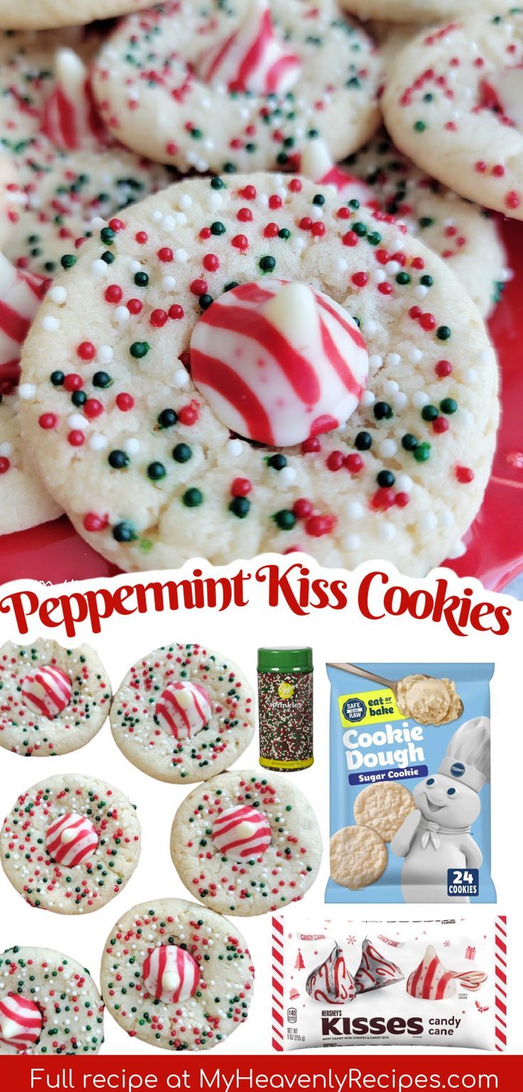 peppermint kiss cookies with candy canes and sprinkles