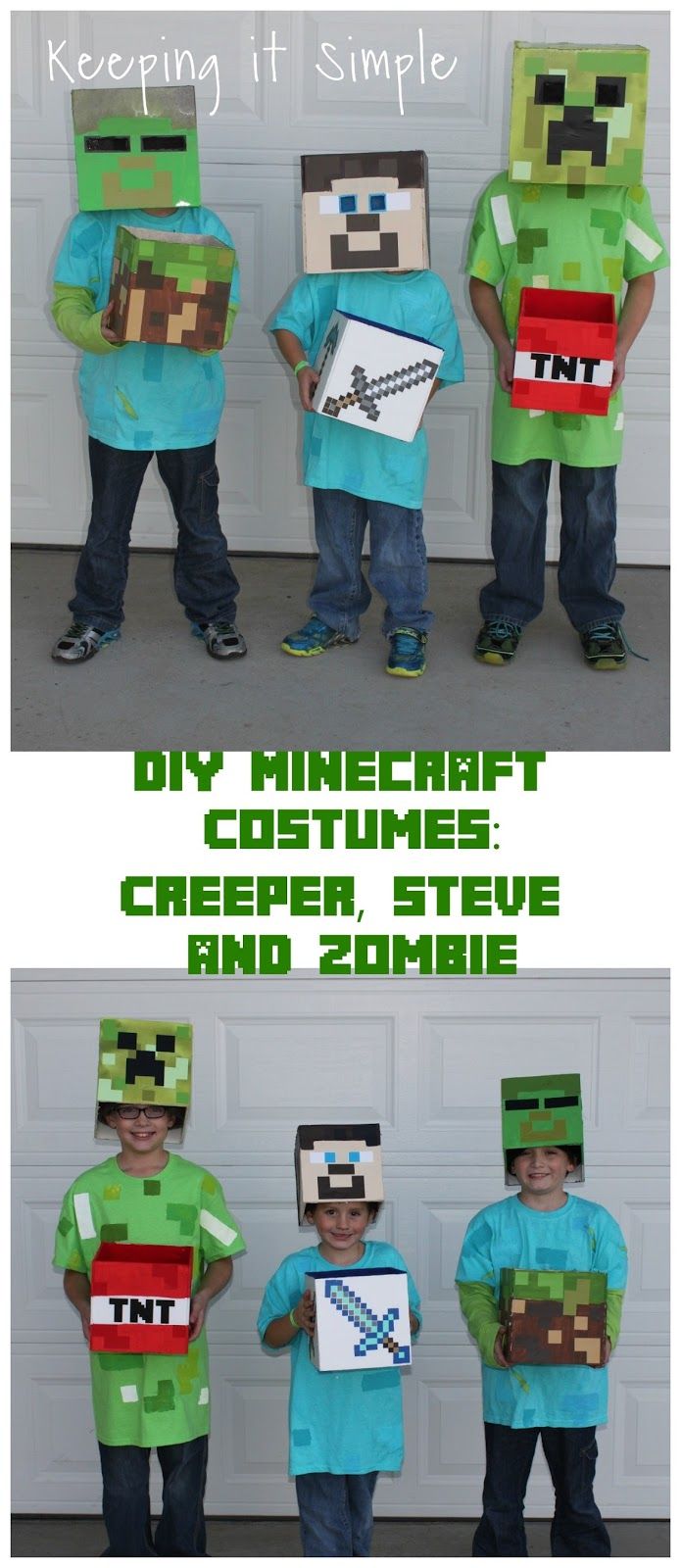 three children in minecraft costumes and one is holding a paper sign that says creeper steve