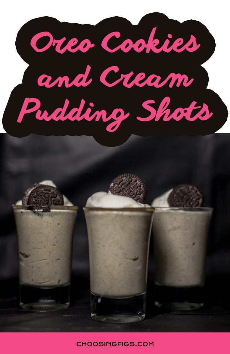 oreo cookies and cream pudding shots with text overlay