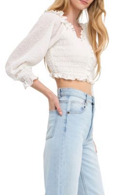 This top is sure to get you noticed. With its smocked detail and playful ruffle trim, this crop length top is perfect for a night out. Made with 3/4 sleeves, it's airy and comfortable for any occasion. Style this top with a skirt or jeans for a versatile look that you can wear anywhere. | Endless Rose Women's Smocked Top, White, Large Textured Blouse, Blouse Nordstrom, Smocked Top, Puffed Sleeves Dress, Neck Crop Top, Shoulder Crop Top, Turtle Neck Top, Crop Blouse, Red Blouses