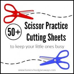 scissors cutting sheets with the text 50 + scissor practice cutting sheets to keep your little ones busy