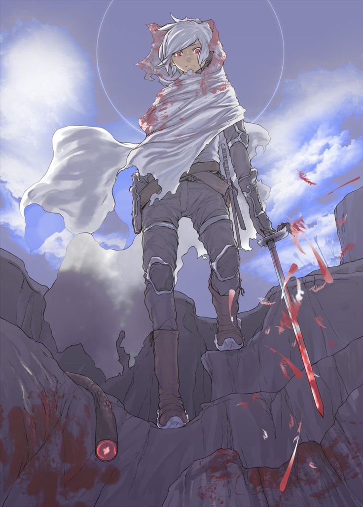 an anime character standing on top of a mountain with blood all over his body and arms