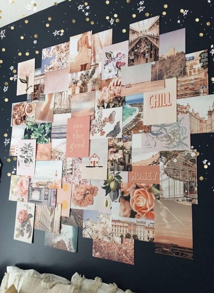 a bedroom wall covered in pictures and confetti