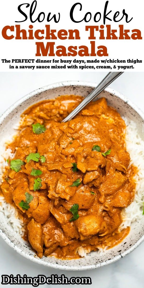 slow cooker chicken tikka masala in a bowl with rice and cilantro