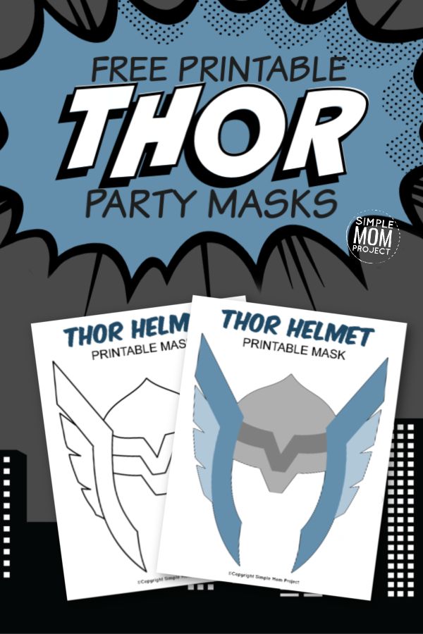 two masks with the title free printable thor party mask on top and an image of batman