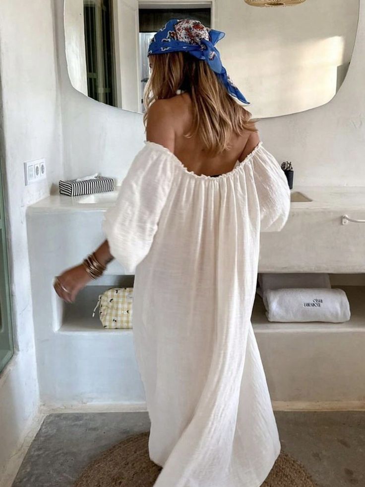 Women's Plain Off-Shoulder Lantern Sleeve Loose Long Dress With Ruffle Hem, Spring Summer White Casual  Long Sleeve Woven Fabric Plain Tunic Non-Stretch  Women Clothing, size features are:Bust: ,Length: ,Sleeve Length: Mallorca Dress, Chique Outfit, Estilo Hippie, Long Dress Casual, Vestido Casual, Maxi Dresses Casual, Women Long Dresses, Looks Style, Spring Summer Outfits