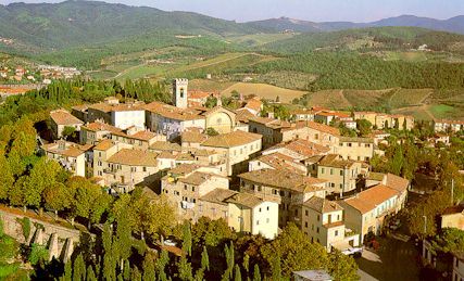 an aerial view of a village in the hills