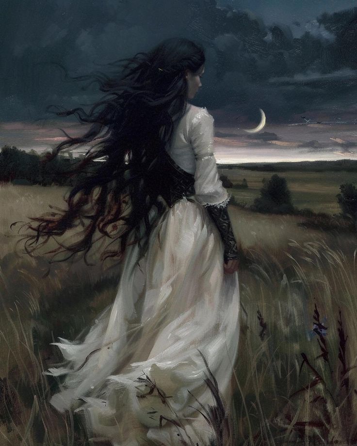 a painting of a woman in a white dress walking through a field with her hair blowing in the wind