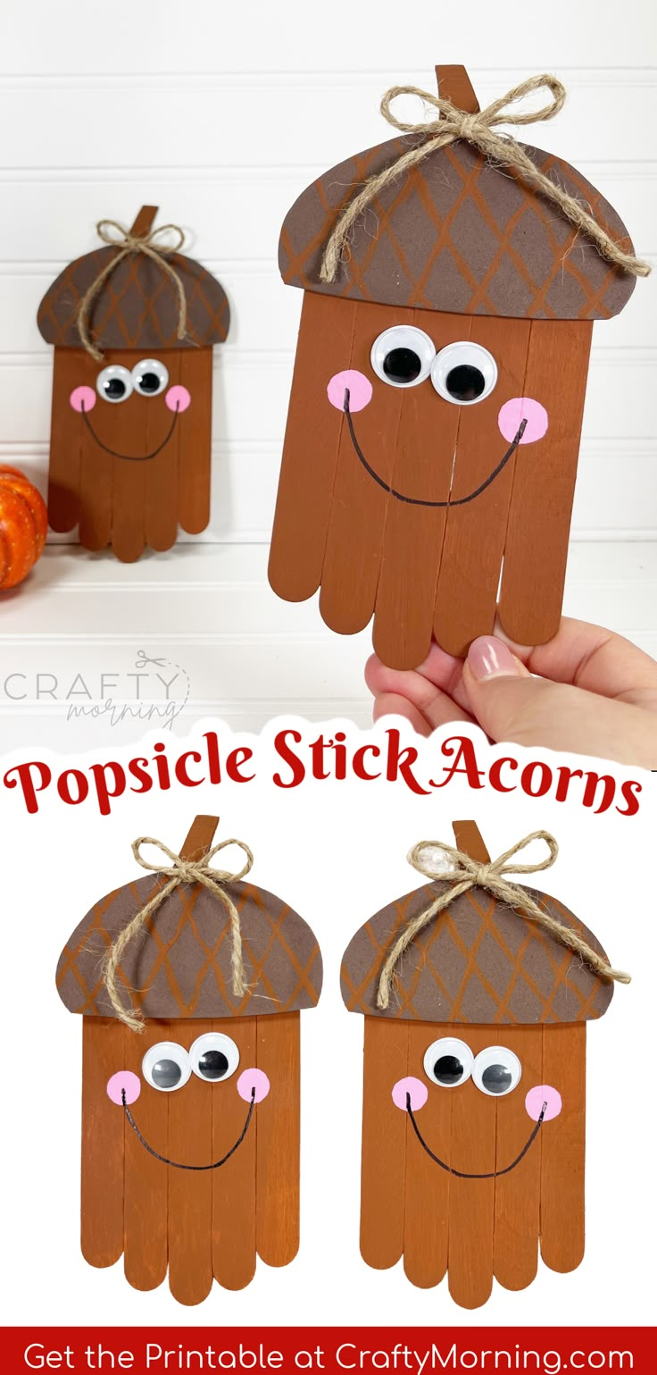 popsicle stick acorns with eyes and noses