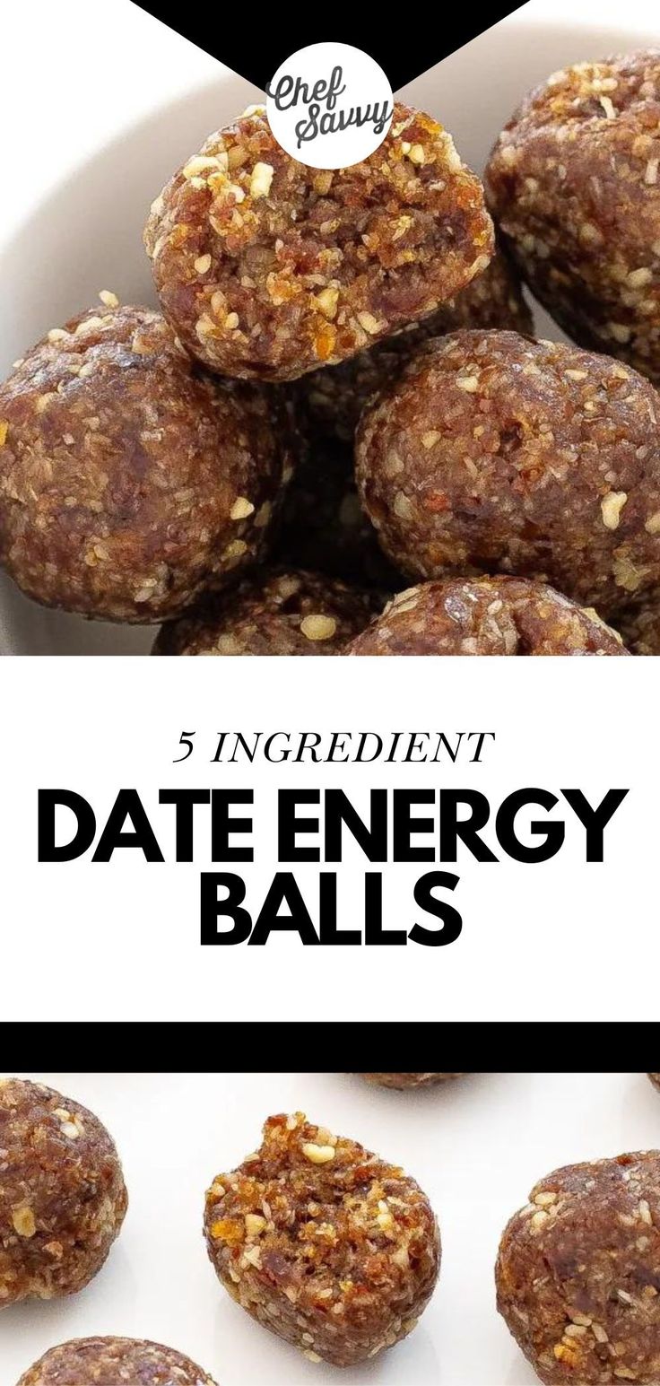 dates energy balls in a bowl with text overlay that reads 5 ingredient date energy balls