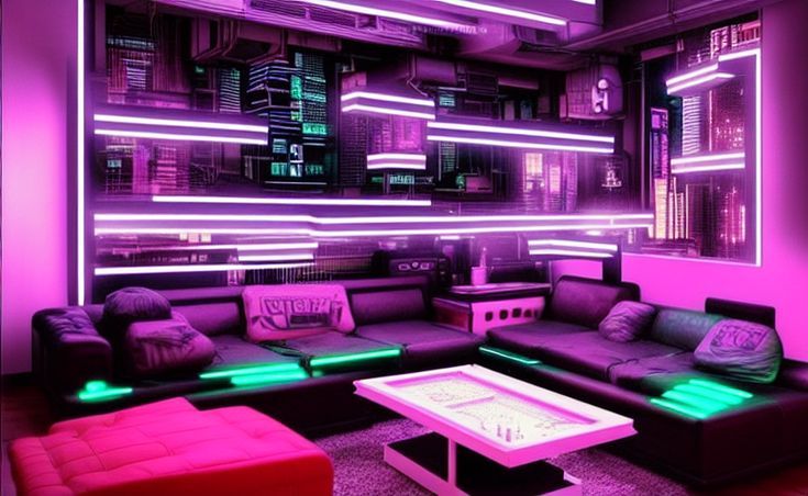 a living room filled with lots of furniture and neon lights on the wall above it