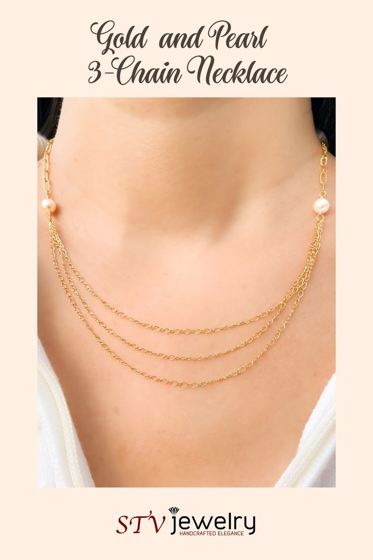 A modern layered look in one single necklace! The top part of the necklace is a single strand of a paperclip chain, and the bottom portion consists of three varying lengths of cable chain. Two white round freshwater pearls and two freshwater rice pearls complete the look! #trendygoldnecklace #layerednecklaces #handmadegoldjewellery #chainnecklacewomen #mixedchainnecklace Three Chain Necklace, Layered Gold Necklace, Mixed Chain Necklace, Single Necklace, Rice Pearls, Handmade Gold Jewellery, Dainty Gold Necklace, Gold Necklaces, Gold Necklace Layered