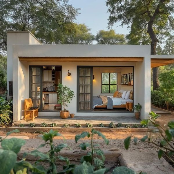 a small white house sitting in the middle of a forest