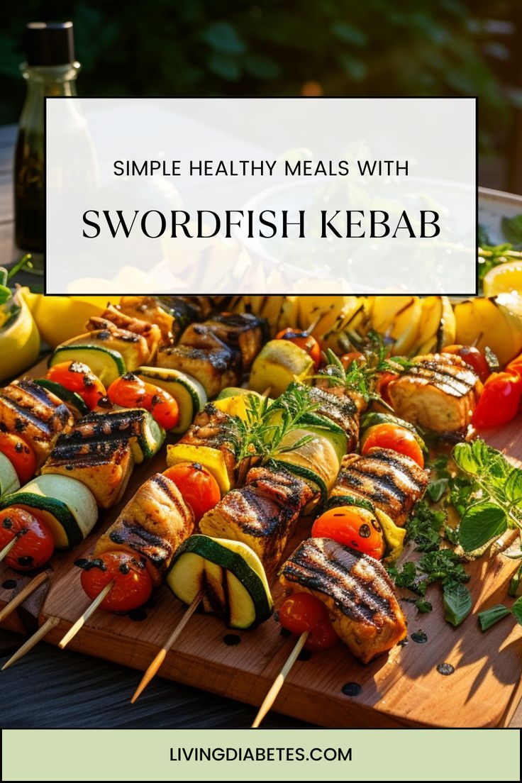 a wooden cutting board topped with veggies and meat on skewers