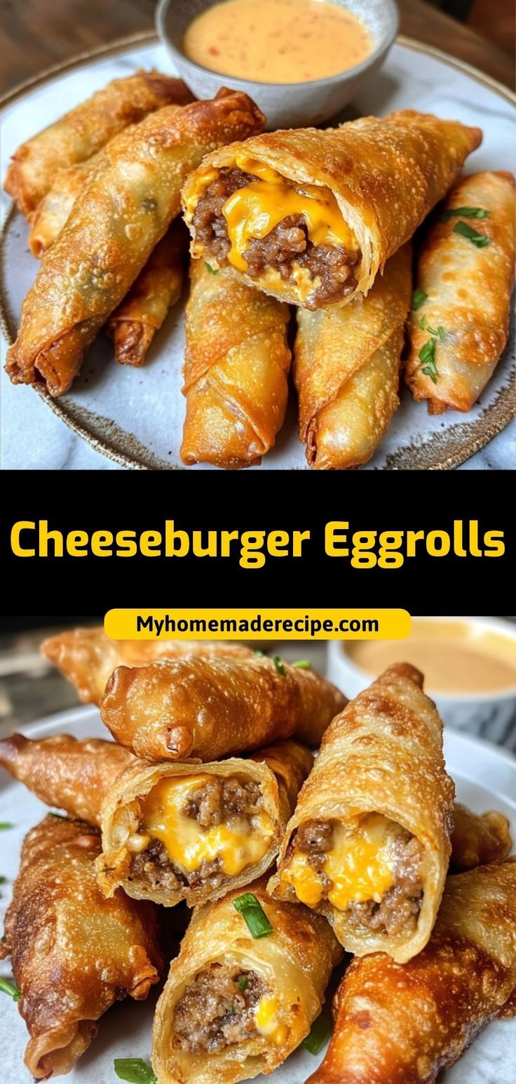 cheeseburger eggrolls on a plate with dipping sauce