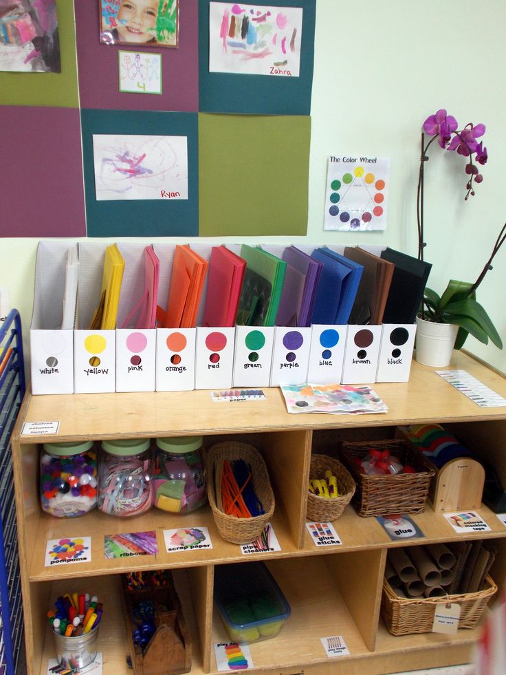 there are many books on the shelves in this room and one is filled with colored pencils