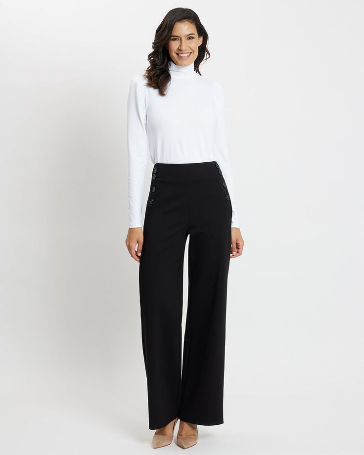 Elegant Wide Leg Workwear Pants With Buttons, Wide Leg Full Length Pants With Buttons For Office, Elegant Wide Leg Dress Pants With Buttons, Elegant Wide Leg Pants With Buttons, Elegant Wide Leg Pants With Buttons For Work, Full Length Wide Leg Pants With Buttons For Office, Wide Leg Pants With Buttons For Work, Formal Fall Wide Leg Pants With Button Closure, Elegant Wide Leg Pants With Button Closure For Fall