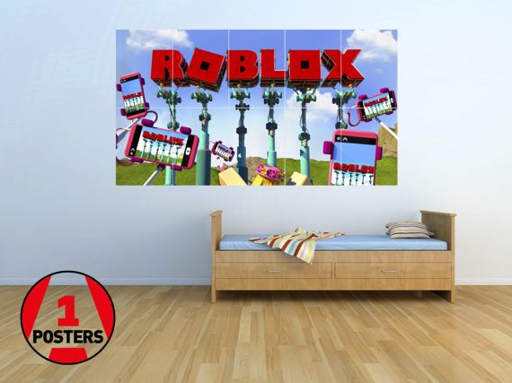 a room with a bed and two pictures on the wall above it that says roblox