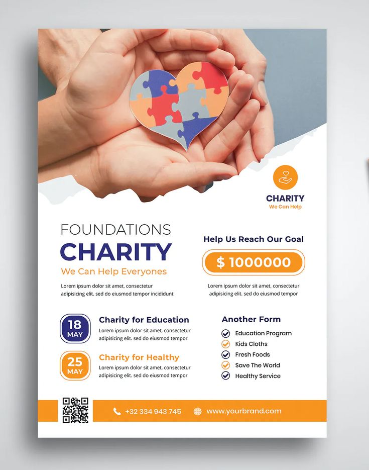 a flyer for charity with puzzle pieces in the shape of a heart and two hands