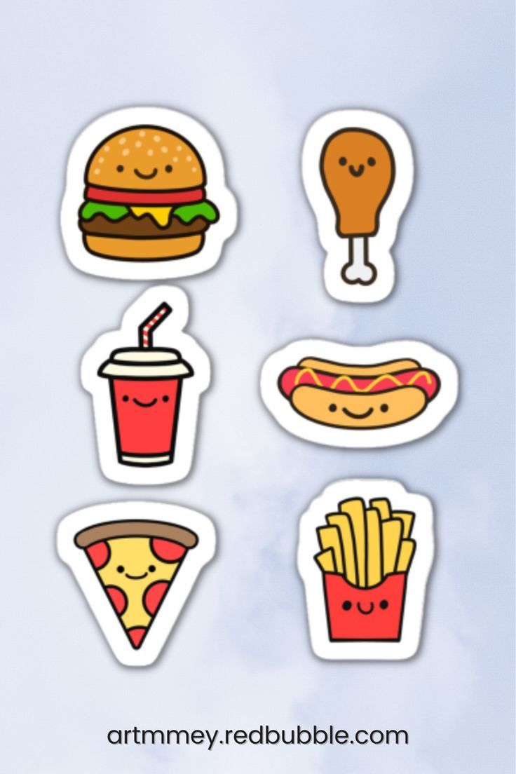 various stickers with different foods and drinks on them, including hot dogs, hamburgers, fries, and ketchup