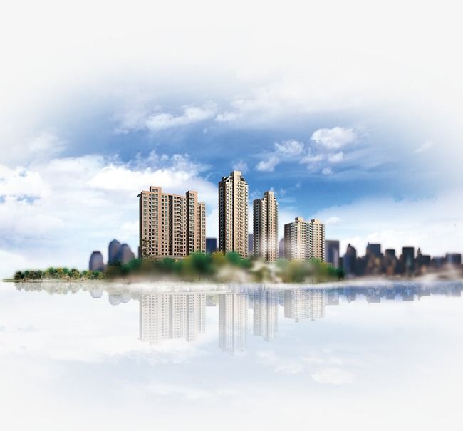 an image of a city skyline in the middle of water with buildings and trees around it