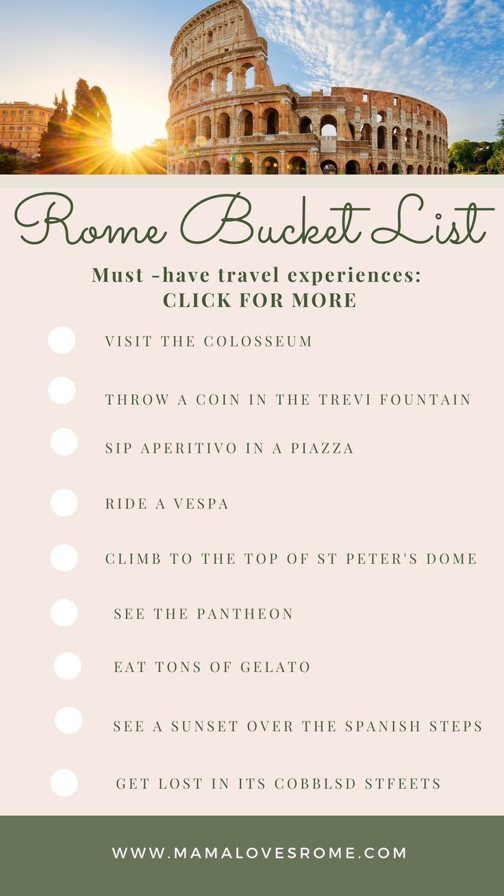 the rome bucket list with text overlaying it and an image of the colossion