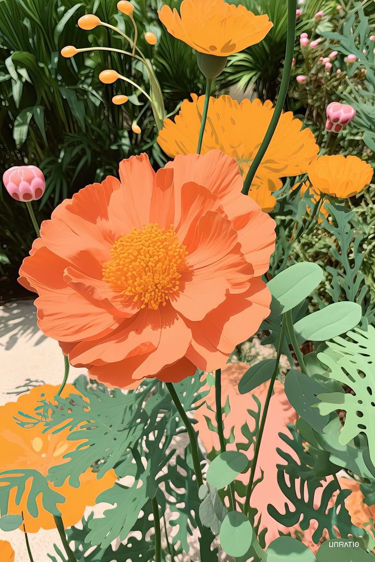 an orange flower surrounded by green leaves and other colorful flowers in the background is a garden