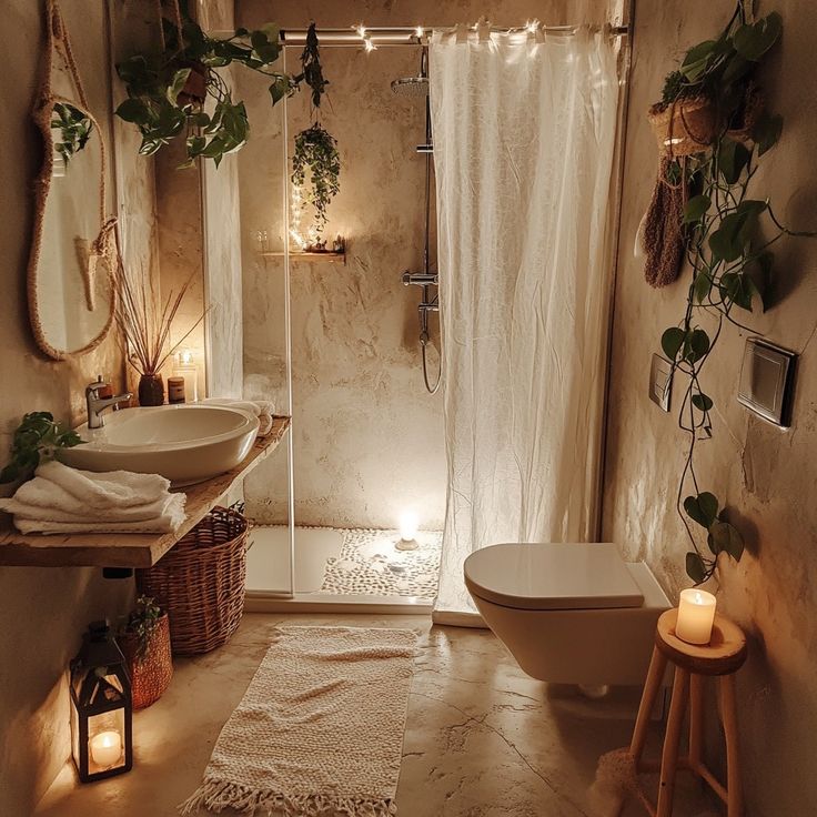 a bathroom with two sinks, a toilet and a bathtub surrounded by greenery