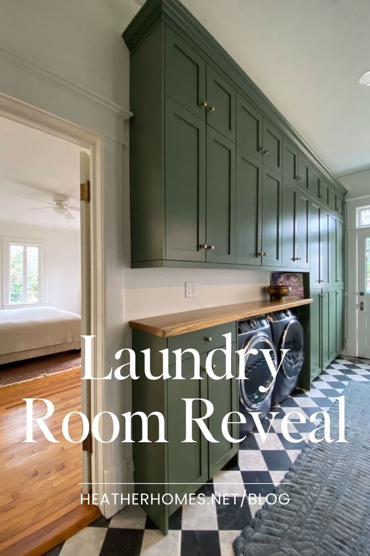 a laundry room reveal with green cabinets and black and white checkerboard flooring