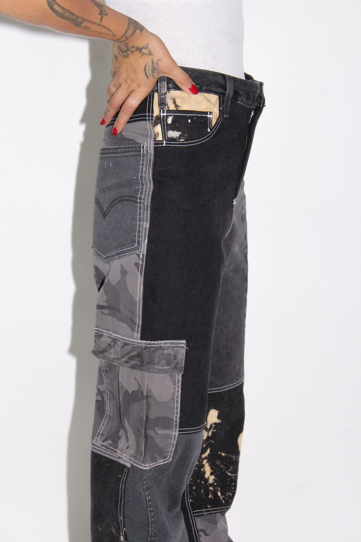 UPCYCLED DENIM CARGO PANT Patchwork style Side Cargo Pocketing w/ Flaps Zip Fly Patched Cargo Pants, Upcycle Cargo Pants, Black Wide Leg Cargo Jeans With Patch Pockets, Black Denim Bottoms With Hip Pockets, Black Straight Leg Cargo Jeans With Patch Pockets, Black High Rise Jeans With Patch Pockets, Black Denim Cargo Pants With Hip Pockets, Black Denim Utility Cargo Pants, High Rise Black Cargo Jeans With Patch Pockets