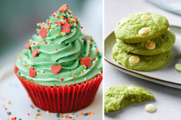 two pictures one with green frosting and the other with white chocolate sprinkles