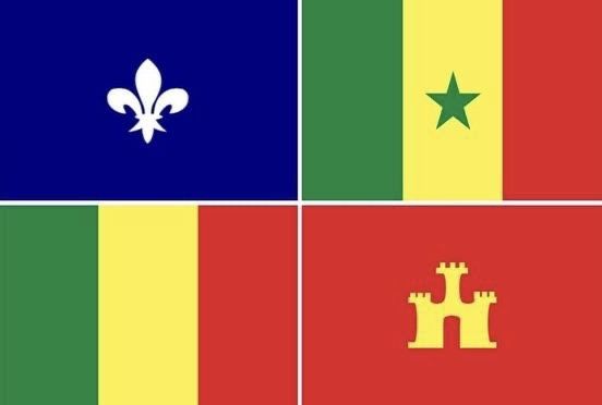 four different colored flags with the same flag on one side and two stars on the other