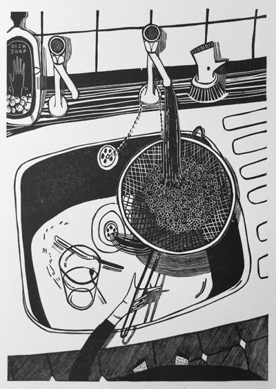 a black and white drawing of a kitchen sink