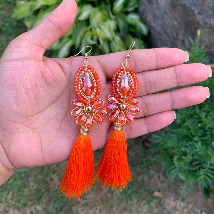 Beautiful Orange Color Tassel Earrings Made With Czech Glass Beads Elegant Tassel Earrings For Festival, Elegant Festival Chandelier Earrings With Tassels, Elegant Tassel Chandelier Earrings For Festivals, Elegant Summer Jewelry With Tassels, Adjustable Tassel Jewelry For Festive Occasions, Summer Party Chandelier Earrings With Tassels, Bohemian Beaded Earrings With Latkans For Summer, Traditional Tassel Drop Earrings For Party, Summer Party Beaded Chandelier Earrings