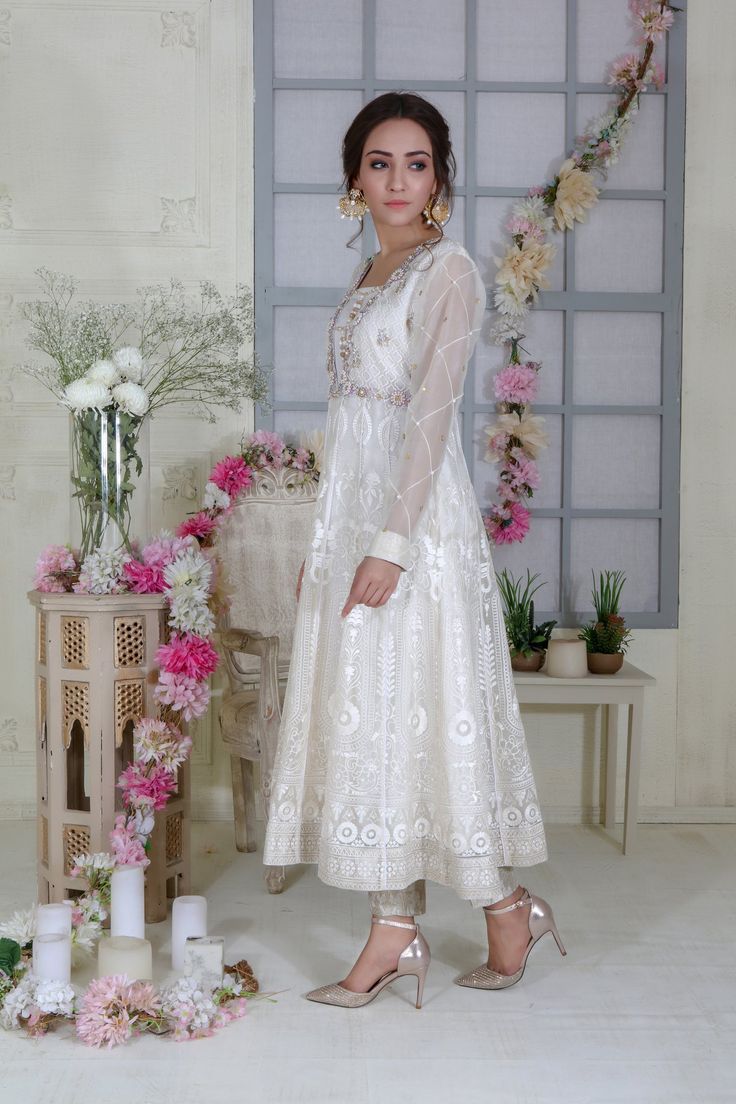 Ivory Bliss | Pakistani Designer Outfit | Sarosh Salman Pearl Work, Designer Outfit, Pure Chiffon, Embroidered Organza, Chiffon Dupatta, Swarovski Stones, Pakistani Designers, Pants Straight, Pin Tucks