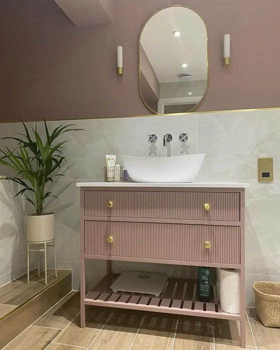 a bathroom with a sink, mirror and plant on the floor in front of it