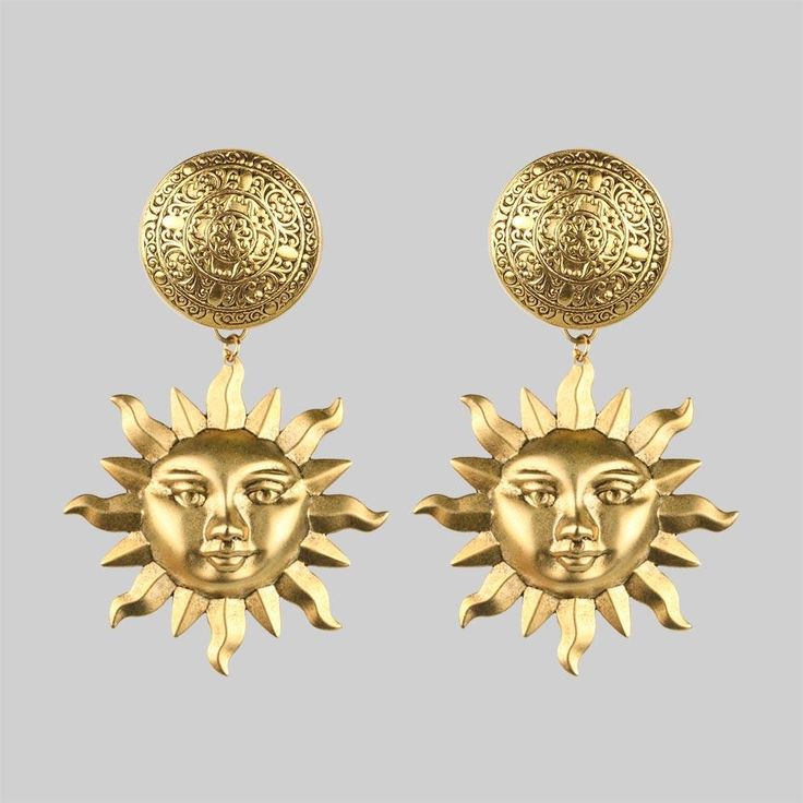 Large sun earrings Regal Rose, Disk Earrings, Occult Clothing, Sun Earrings, Esoteric Art, Little Miss Sunshine, Face Earrings, Disc Earrings, Pierced Jewelry