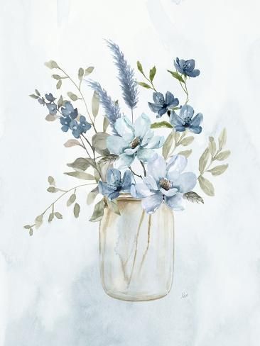 a painting of blue flowers in a mason jar on a white background with watercolor stains