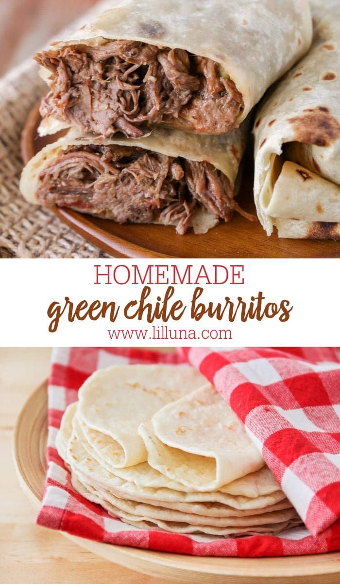 homemade green chile burritos on a plate with red and white checkered napkin