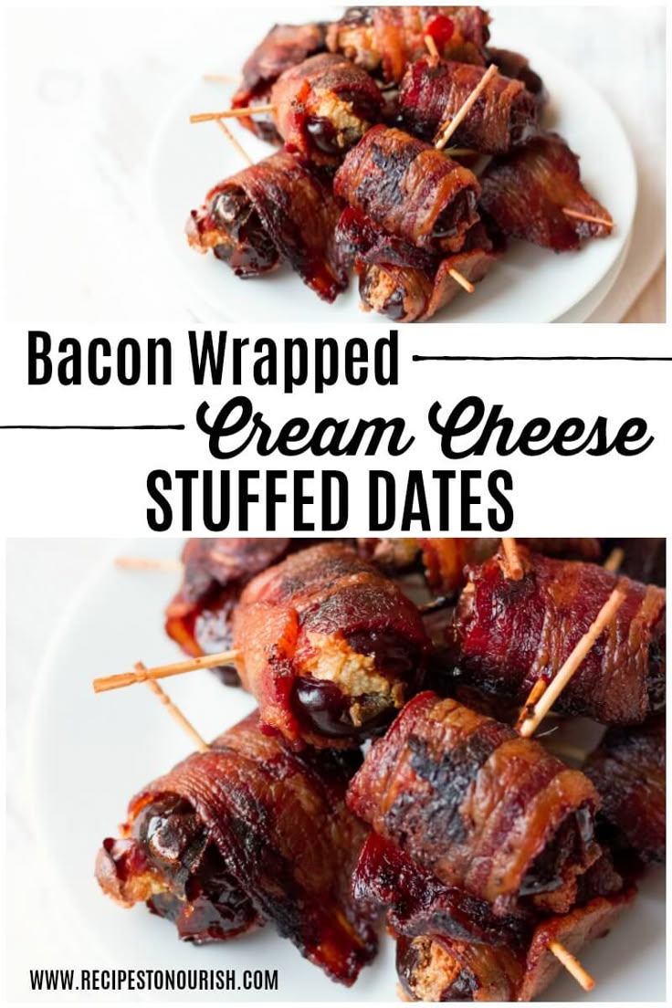 bacon wrapped cream cheese stuffed dates on a white plate with toothpicks in the middle