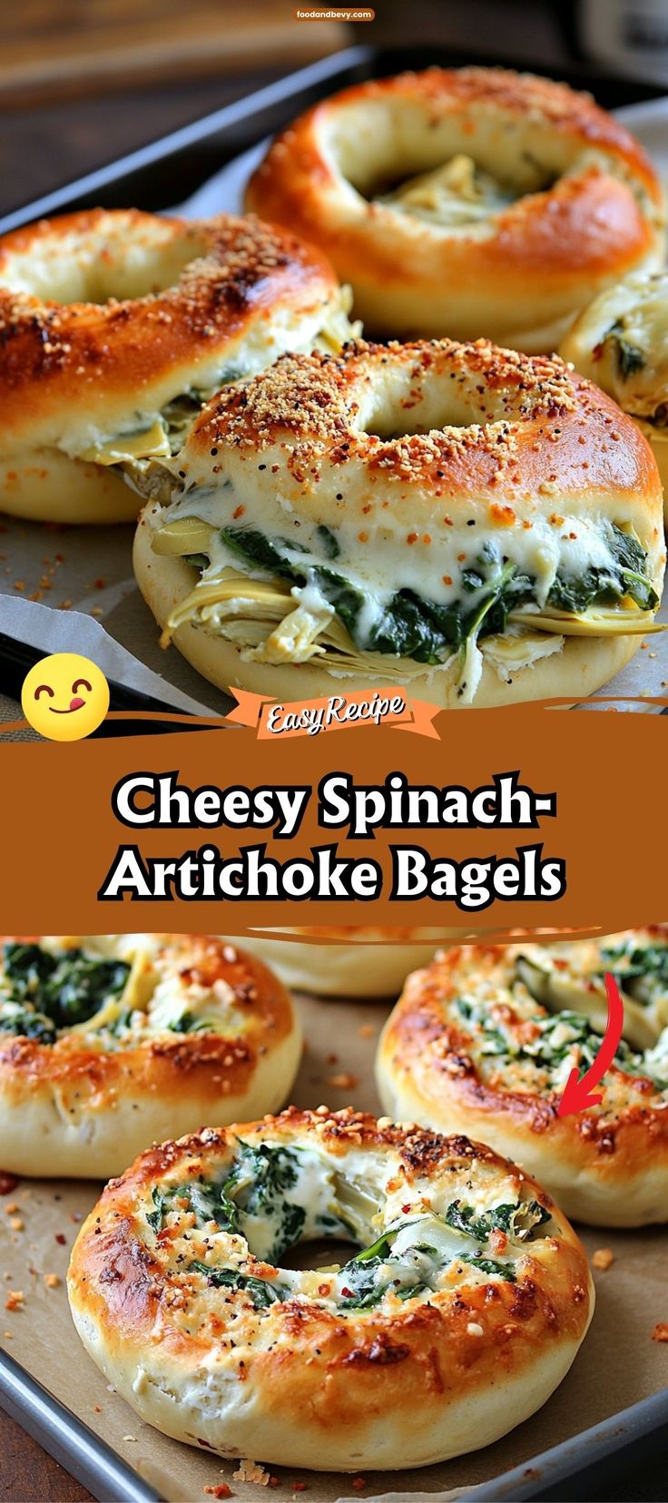 cheese spinach artichoke bagels on a baking sheet with text overlay