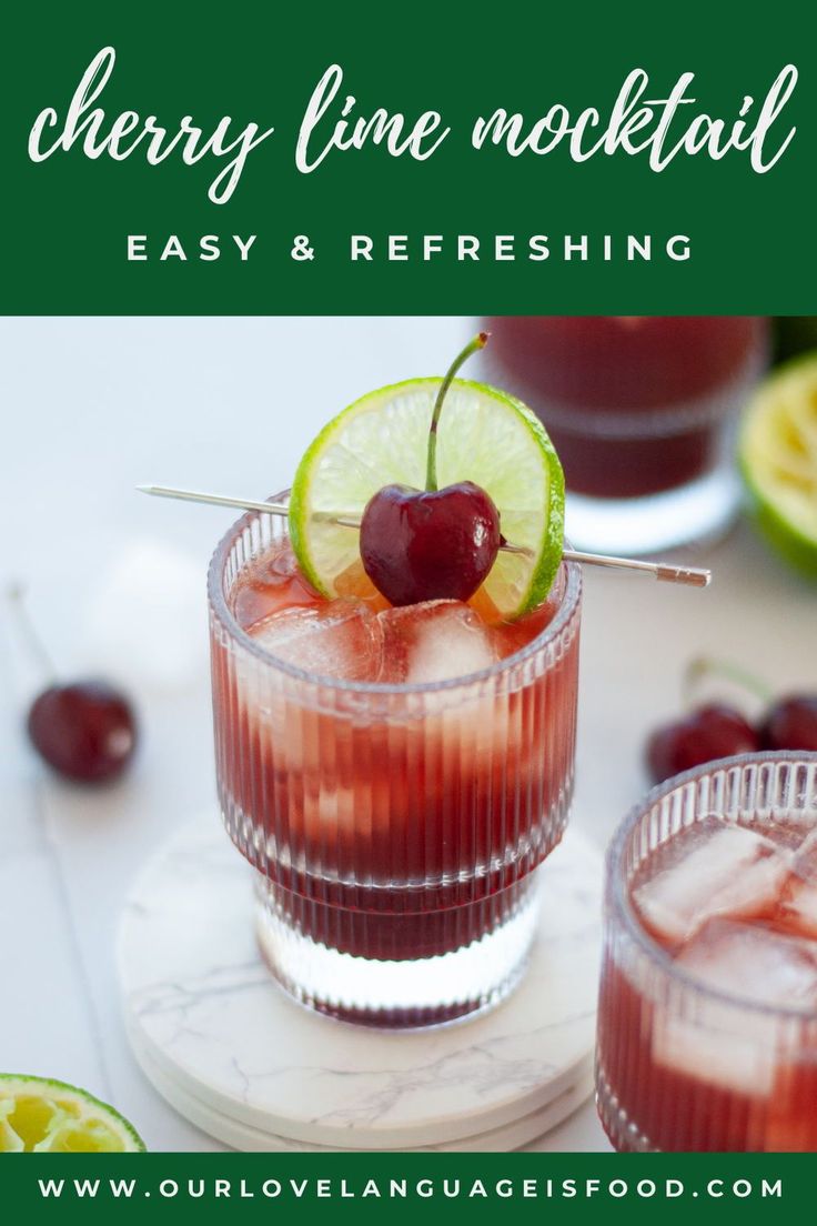 two glasses filled with cherry lime cocktail and garnish